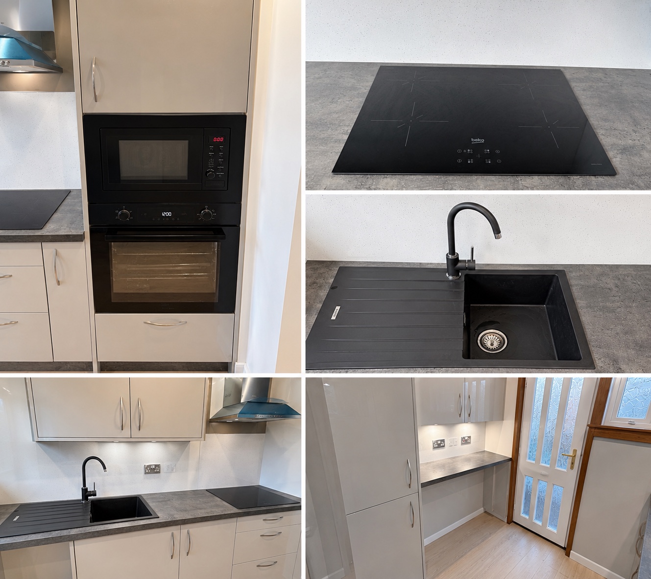Full kitchen installation showing fitted cabinetry, worktops, integrated appliances, a black sink and mixer tap